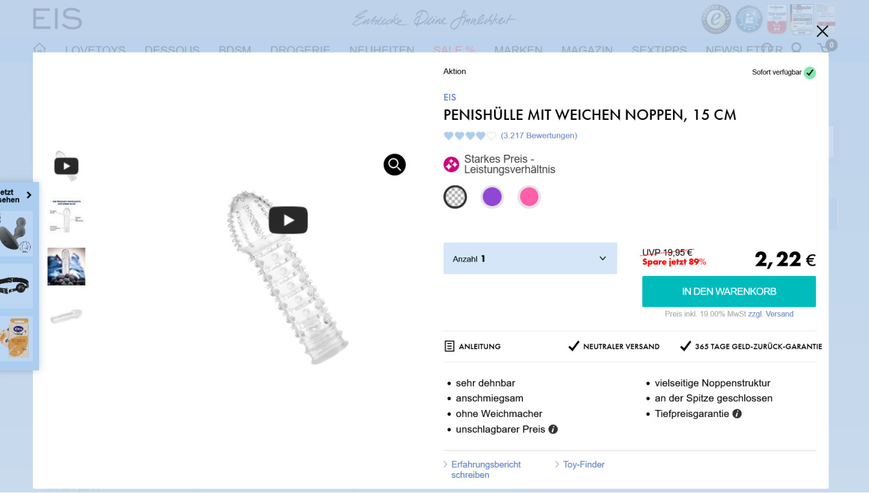 Penishülle mit weichen Noppen, 15 cm, Artikelbild