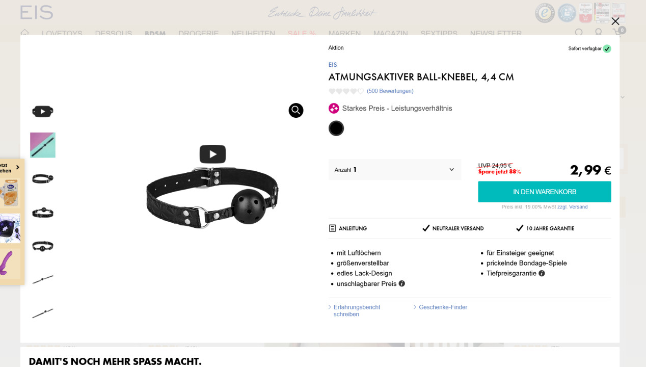 Atmungsaktiver Ball-Knebel, 4,4 cm, Artikelbild