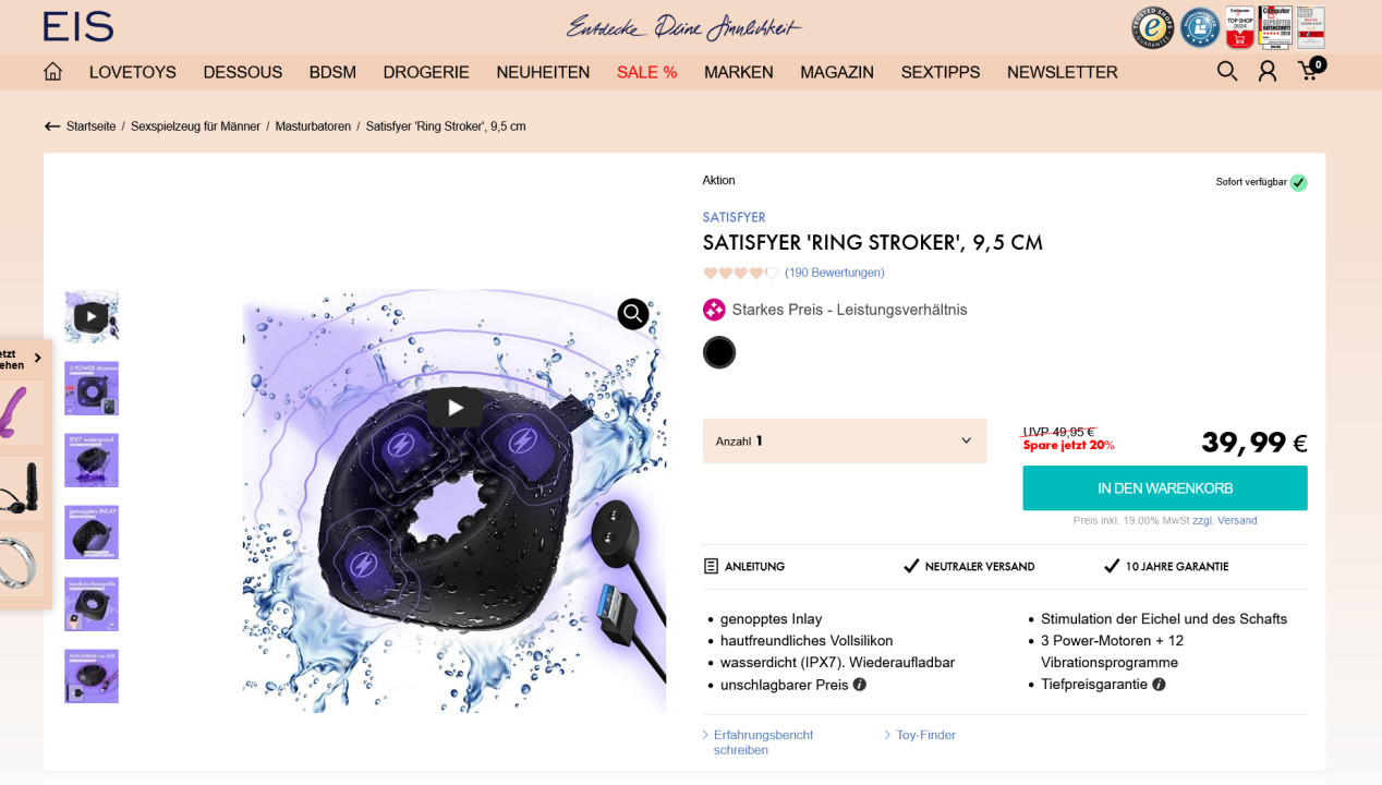Ein besonderes Sexspielzeug für Männer: der Satisfyer ‚Ring Stroker‘, 9,5 cm, Artikelbild