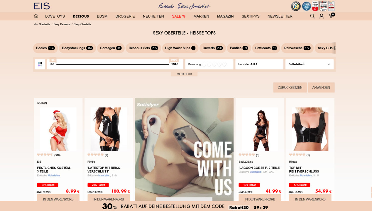 Screenshot Subdomain Sexy Oberteile für Frauen