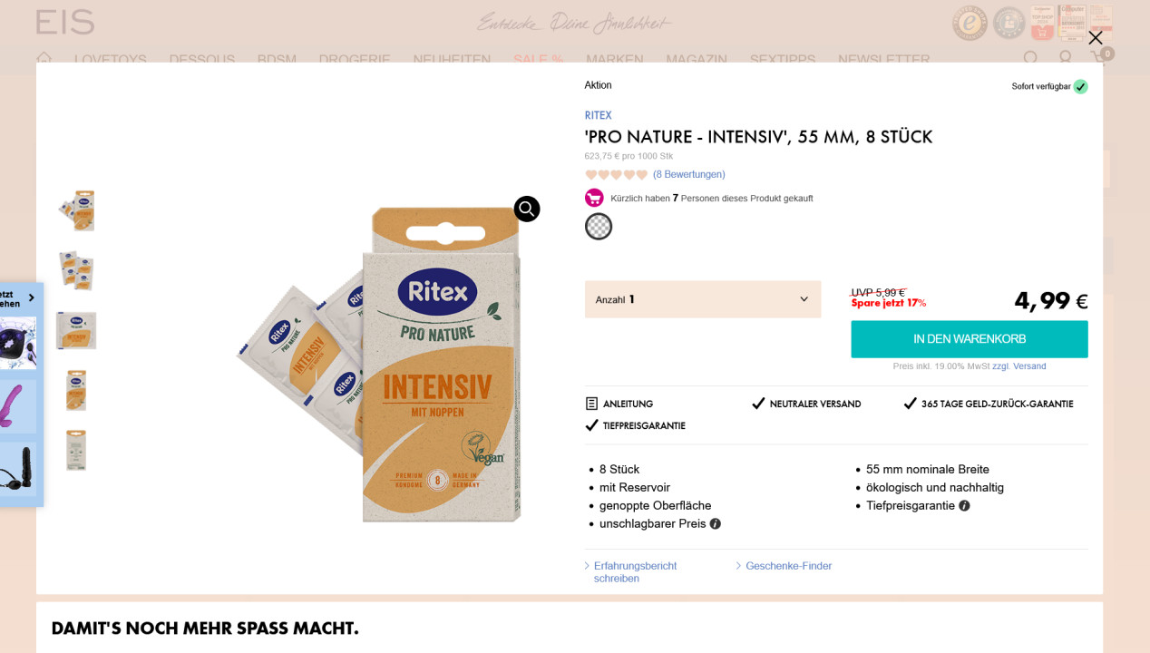Ritex Kondome Pro Nature – Intensiv, 55 mm, 8 Stück, Artikelbild