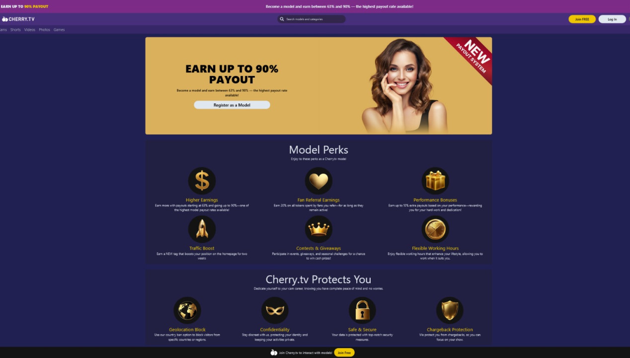 Website become a cherry.tv model Screenshot