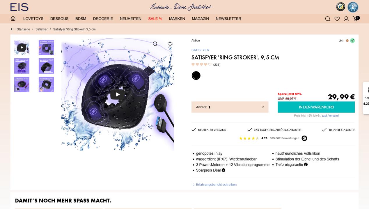 Der Satisfyer Ring Stroker 9,5 cm Test mit Masturbator-Vibration, Artikelbild