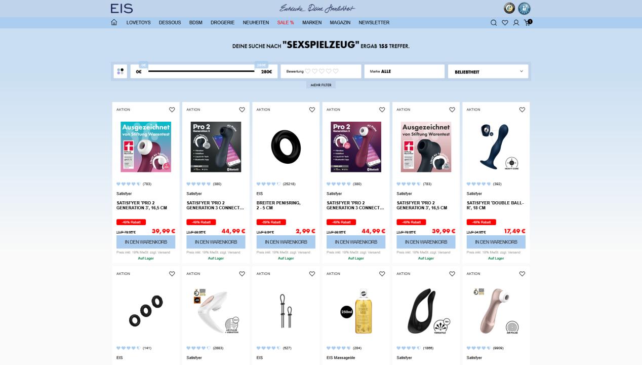 Screenshot von www.eis.de - Suche nach Sexspielzeug