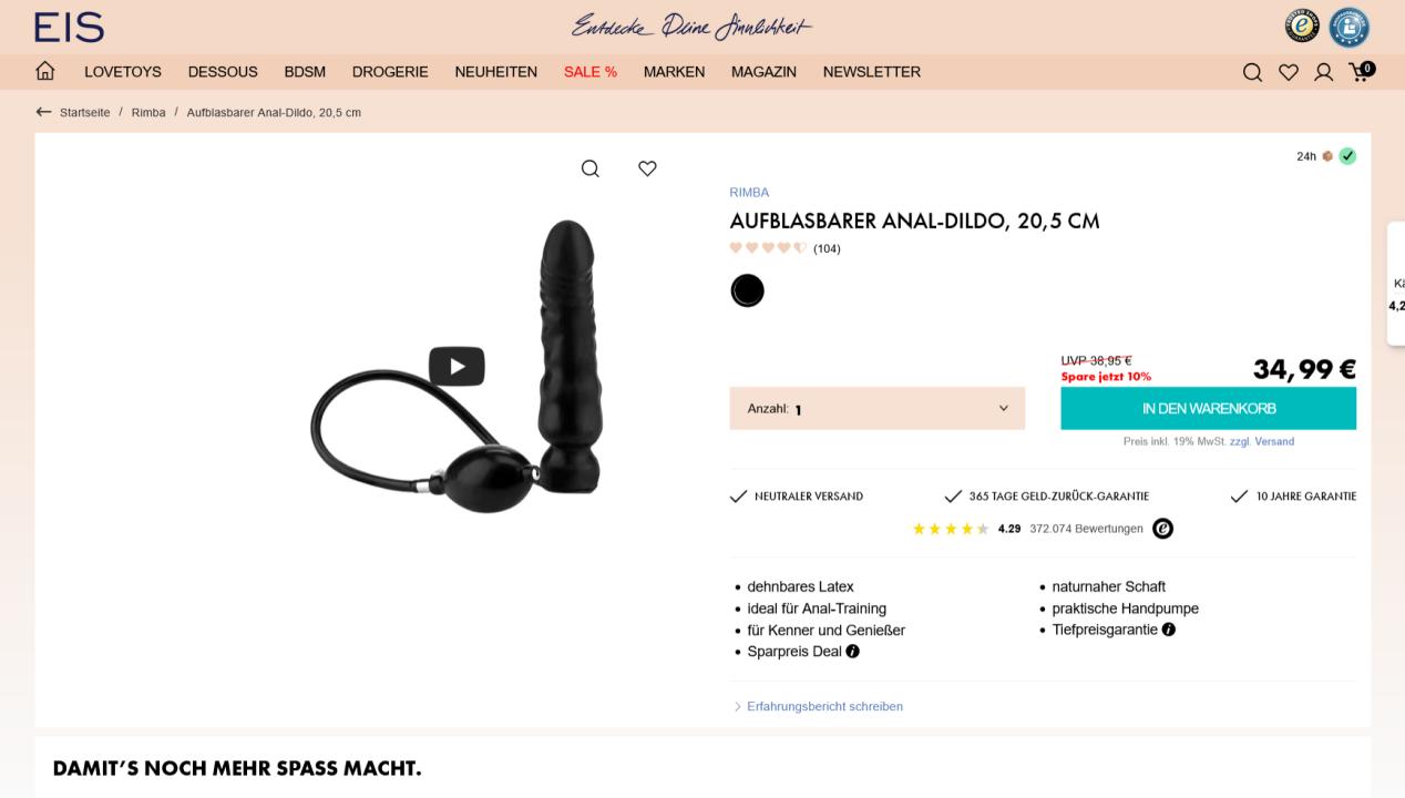 Produktbild aufblasbarer Anal-Dildo, 20,5 cm EIS Screenshot