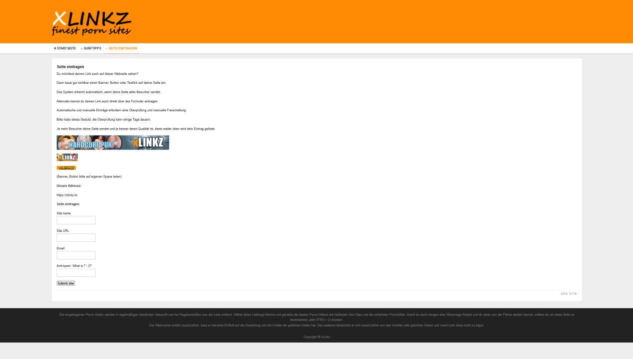 Unterseite "Seite eintragen" von xlinkz.to - Screenshot