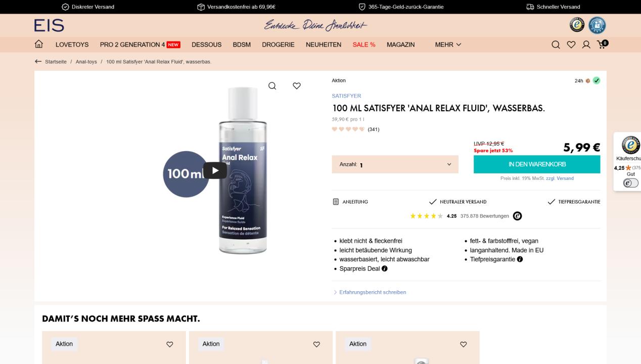 100 ml Satisfyer 'Anal Relax Fluid', wasserbasiert: der Analgleitgel-Test, Artikelbild